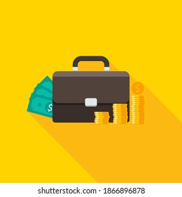 Briefcase, Dollar money cash icon, Gold coin stack icon vector isolated. Flat style vector illustration.