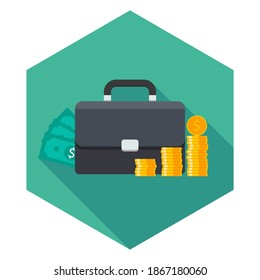 Briefcase, Dollar money cash icon, Gold coin stack icon vector isolated. Flat style vector illustration.
