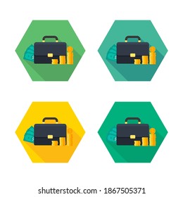 Briefcase, Dollar money cash icon, Gold coin stack icon vector isolated. Flat style vector illustration.