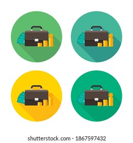 Briefcase, Dollar money cash icon, Gold coin stack icon vector isolated. Flat style vector illustration.