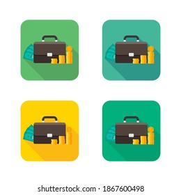 Briefcase, Dollar money cash icon, Gold coin stack icon vector isolated. Flat style vector illustration.