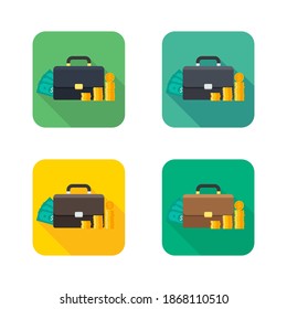 Briefcase, Dollar money cash icon, Gold coin stack icon vector isolated. Flat style vector illustration.