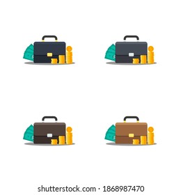 Briefcase, Dollar money cash icon, Gold coin stack Shadow vector isolated. Flat style vector illustration.