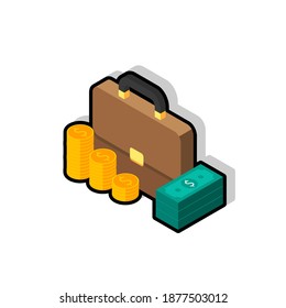 Briefcase, Dollar money cash icon, Gold coin stack left view Black Stroke and Shadow icon vector isometric. Flat style vector illustration.