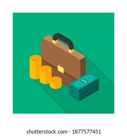 Briefcase, Dollar money cash icon, Gold coin stack left view icon vector isometric. Flat style vector illustration.