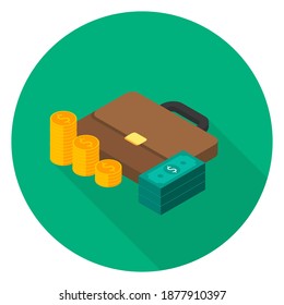 Maletín, icono de caja de dinero en dólares, pila de monedas de oro icono de vista izquierda vectorial isométrico. Ilustración vectorial de estilo plano.