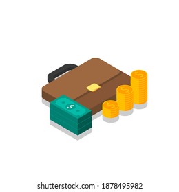 Briefcase, Dollar money cash icon, Gold coin stack right view Shadow icon vector isometric. Flat style vector illustration.