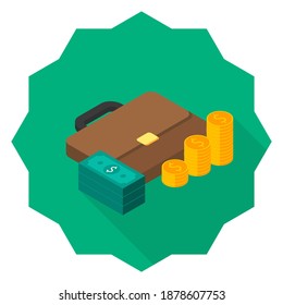 Briefcase, Dollar money cash icon, Gold coin stack right view icon vector isometric. Flat style vector illustration.