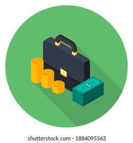 Briefcase, Dollar money cash icon, Gold coin stack left view icon vector isometric. Flat style vector illustration.