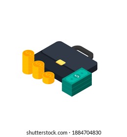 Briefcase, Dollar money cash icon, Gold coin stack left view White Background icon vector isometric. Flat style vector illustration.