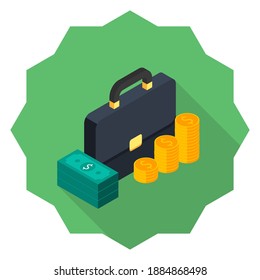 Briefcase, Dollar money cash icon, Gold coin stack right view icon vector isometric. Flat style vector illustration.