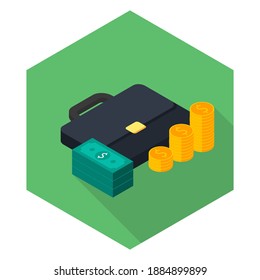 Briefcase, Dollar money cash icon, Gold coin stack right view icon vector isometric. Flat style vector illustration.