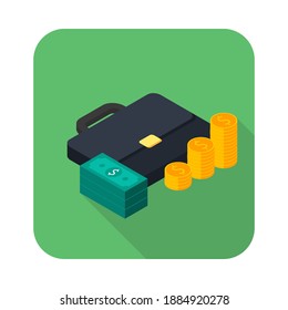 Briefcase, Dollar money cash icon, Gold coin stack right view icon vector isometric. Flat style vector illustration.