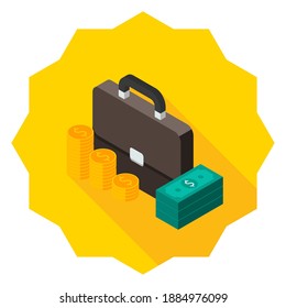 Briefcase, Dollar money cash icon, Gold coin stack left view icon vector isometric. Flat style vector illustration.