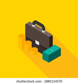 Briefcase, Dollar money cash icon, Gold coin stack left view icon vector isometric. Flat style vector illustration.