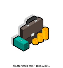 Briefcase, Dollar money cash icon, Gold coin stack right view Black Stroke and Shadow icon vector isometric. Flat style vector illustration.