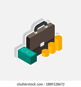 Briefcase, Dollar money cash icon, Gold coin stack right view White Stroke and Shadow icon vector isometric. Flat style vector illustration.