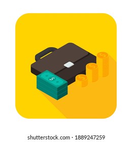 Briefcase, Dollar money cash icon, Gold coin stack right view icon vector isometric. Flat style vector illustration.