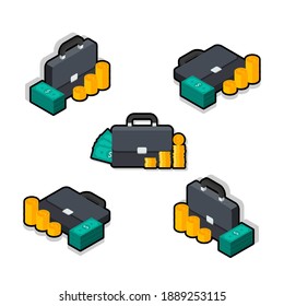 Briefcase, Dollar money cash icon, Gold coin stack Isometric and Flat Black Stroke and Shadow icon vector. Flat style vector illustration.