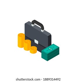 Briefcase, Dollar money cash icon, Gold coin stack left view White Background icon vector isometric. Flat style vector illustration.
