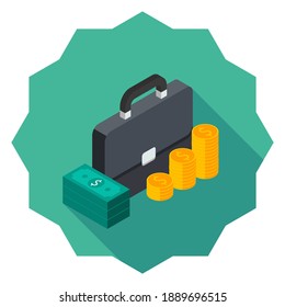 Briefcase, Dollar money cash icon, Gold coin stack right view icon vector isometric. Flat style vector illustration.