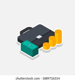 Briefcase, Dollar money cash icon, Gold coin stack right view White Stroke and Shadow icon vector isometric. Flat style vector illustration.
