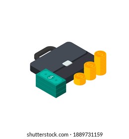 Briefcase, Dollar money cash icon, Gold coin stack right view White Background icon vector isometric. Flat style vector illustration.