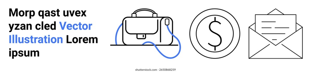 Porta-arquivos, cifrão, envelope ilustram temas corporativos. Ideal para negócios, finanças, comunicação, marketing por e-mail, branding, empreendedorismo e página inicial de mídia digital