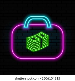 Briefcase with dollar sign. neon style money bag icon. briefcase with money. dollar. briefcase money bribery vector icon illustration for web design isolated.