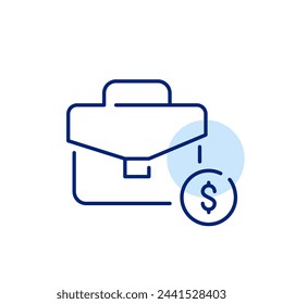 Maletín y símbolo de dólar. Asesor financiero, cartera de inversiones y oportunidades de empleo prósperas. Icono de píxel perfecto