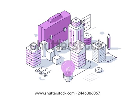 Briefcase in downtown district with lightbulb and  coins. Investment in commercial real estate concept isometric line vector illustration. Urban innovations tools cartoon items colour composition