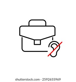 Briefcase and ear crossed symbol. Silent work mode, no audio alerts. Hearing-impaired accessibility in business and finance. Pixel perfect, editable stroke vector icon