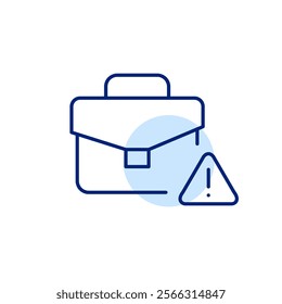 Briefcase and exclamation mark in triangle. Portfolio security alert, investment risks. Pixel perfect, editable stroke icon