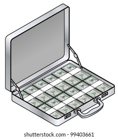 A briefcase filled with bundles of $100 notes.