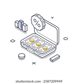 Briefcase filled with cash, alongside various financial graphics like bars and percentage symbols. Business investment concept. Isometric line art vector illustration
