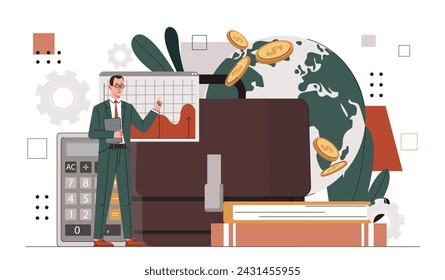 Briefcase financial analysis concept. Man with graphs and diagrams. Statistics and infographics. Businessman with money. Cartoon flat vector illustration isolated on white background