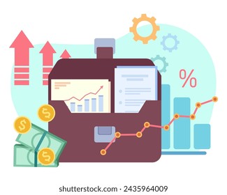 Briefcase with financial documents as symbol of investment portfolio. Vector illustration. Money, diagram and growing arrows. Finance and investment concept