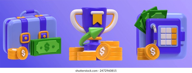 briefcase , financial reward and safe box in 3d icon illustration. 3d rendering of graphic design interface