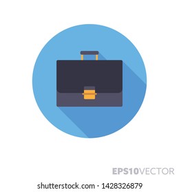 Briefcase flat design round icon. Color symbol of business and office. Long shadow vector illustration in a circle isolated on white background.