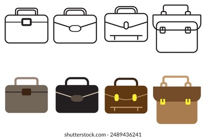 Briefcase flat icons set with outline and filled colours. Vector Illustration.