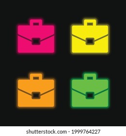 Briefcase four color glowing neon vector icon