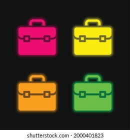 Briefcase four color glowing neon vector icon