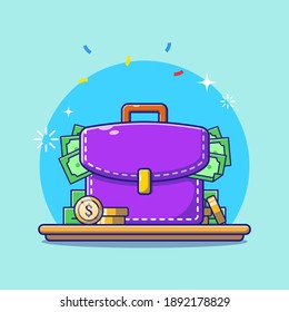 Briefcase Full of Money and Penny on Blue Background. Financial or Business Icon Concept for Transaction, Trade, Investment, and Economy. Flat Cartoon Vector Illustration Isolated.