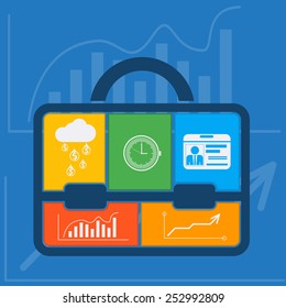 Briefcase with graph clock badge money cloud icons flat design style. Business concept