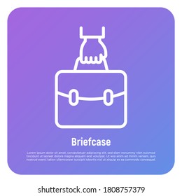 Briefcase in hand thin line icon. Symbol of portfolio. Vector illustration.