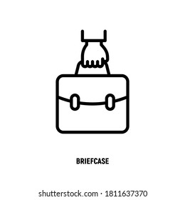 Briefcase in hand thin line icon. Symbol of portfolio. Vector illustration.
