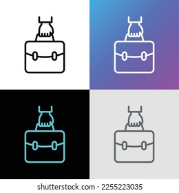 Briefcase in hand thin line icon. Symbol of portfolio. Vector illustration.