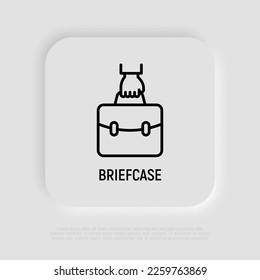 Briefcase in hand thin line icon. Symbol of portfolio. Vector illustration.