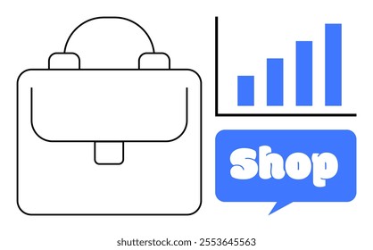 Briefcase with handle growth chart with blue bars and blue speech bubble with text Shop with white background. Ideal for business commerce online shop marketing and graphical representation themes