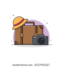 Briefcase with Hat and Camera Vector Illustration. Travelling Concept Design